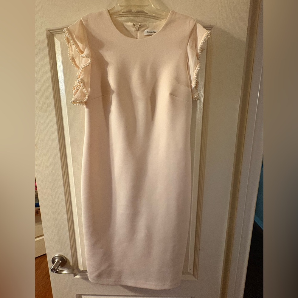 Calvin Klein Red Sheath Midi Dress with Flutter Cap Sleeves